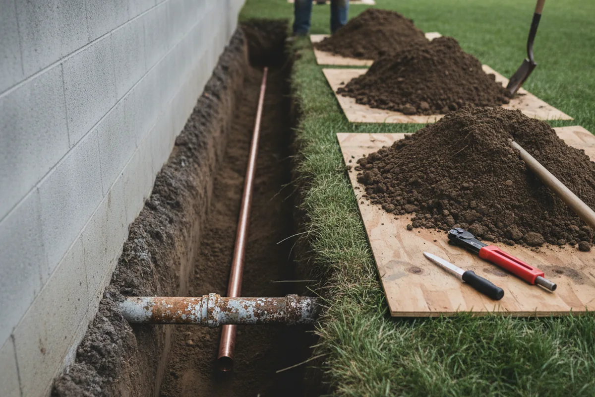 Excavated water line trench during Water Heater Repair in Ranson